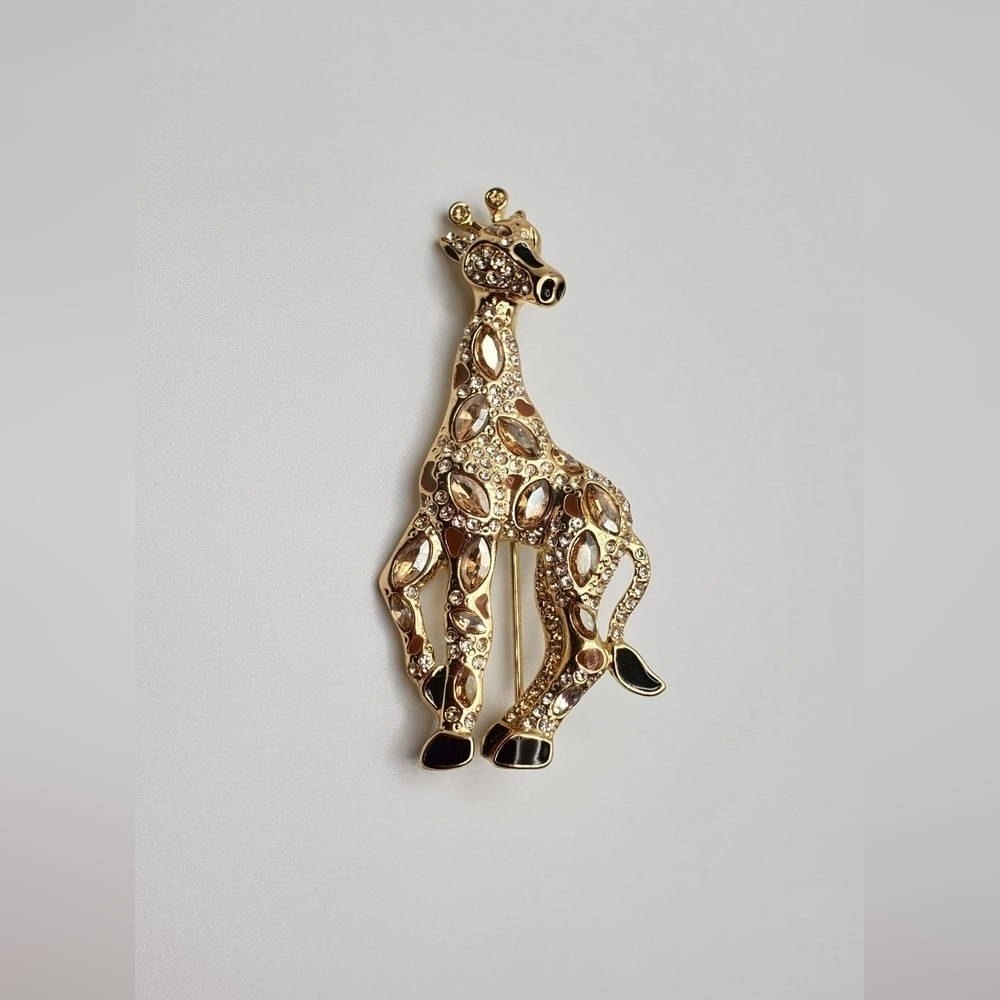 Vintage Large Gold-tone Pave Rhinestone Giraffe Brooch Black Enamel Accents - Picture 5 of 7